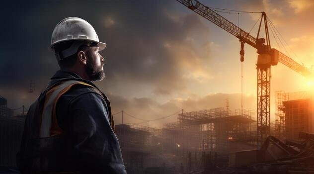 professional engineer in protective helmet and blueprints paper at house building construction site photo